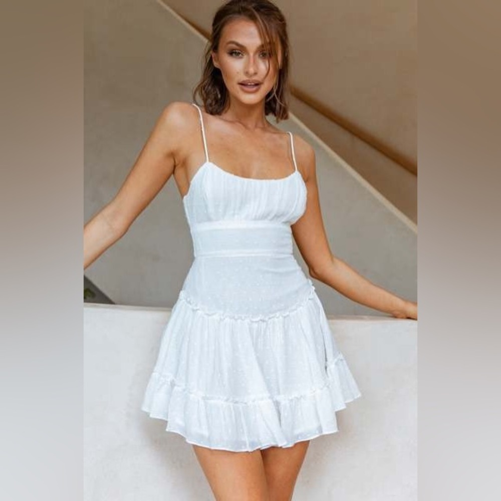 White Selfie Leslie graduation dress, mini dress, ruffles and polka dot texture